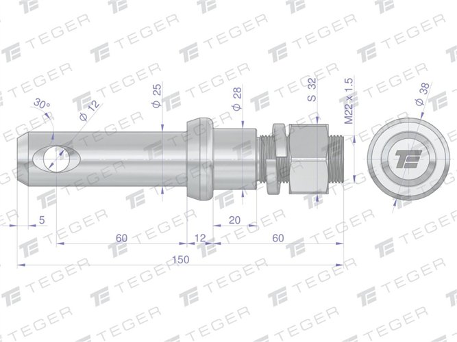Sworzeń z gwintem T-SG25602240150 fi 25/60 mm M22x1.5/40 mm 150 mm TEGER
