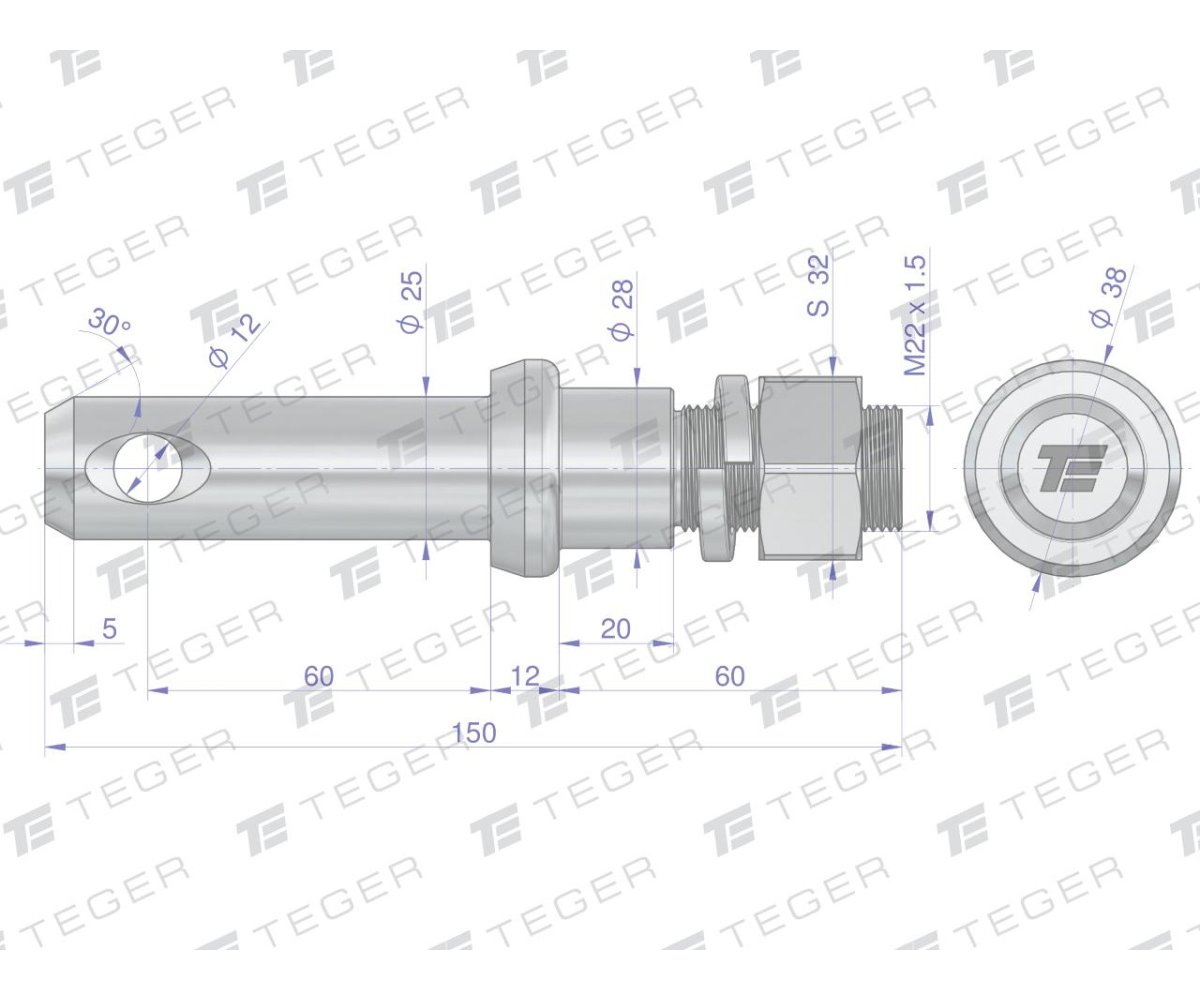 Sworzeń z gwintem T-SG25602240150 fi 25/60 mm M22x1.5/40 mm 150 mm TEGER
