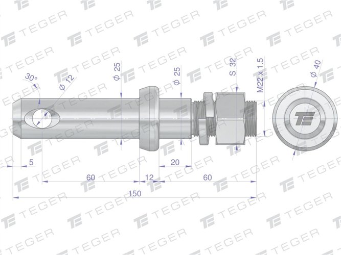 Sworzeń z gwintem T-SG25602550150 fi 25/60 mm M22x1.5/40 mm 150 mm TEGER