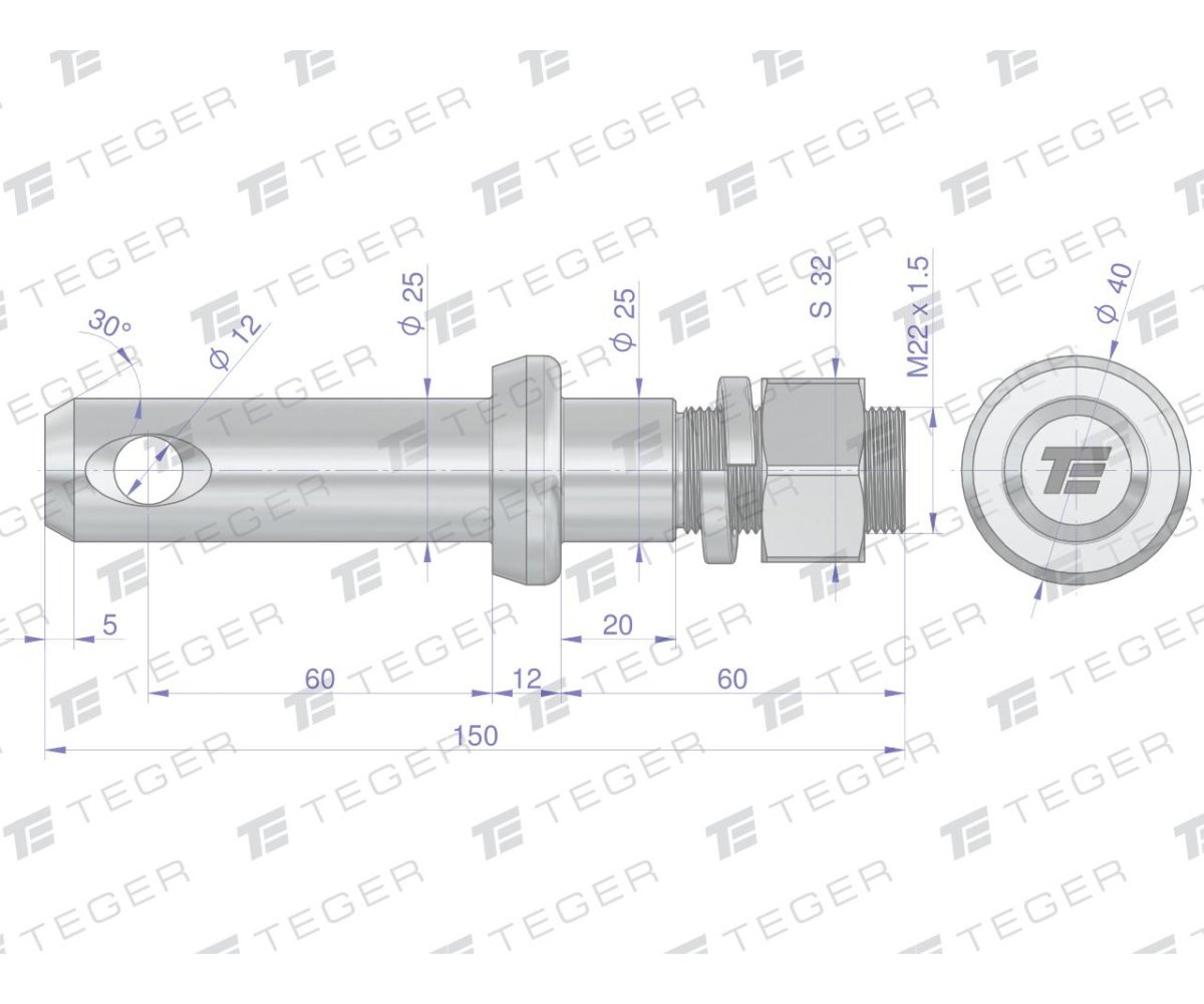 Sworzeń z gwintem T-SG25602550150 fi 25/60 mm M22x1.5/40 mm 150 mm TEGER