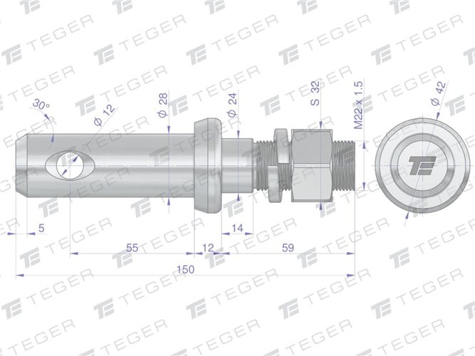 Sworzeń z gwintem T-SG28552245150 fi 28/55 mm M22x1.5/45 mm 150 mm TEGER
