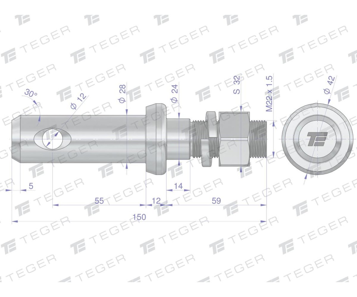 Sworzeń z gwintem T-SG28552245150 fi 28/55 mm M22x1.5/45 mm 150 mm TEGER