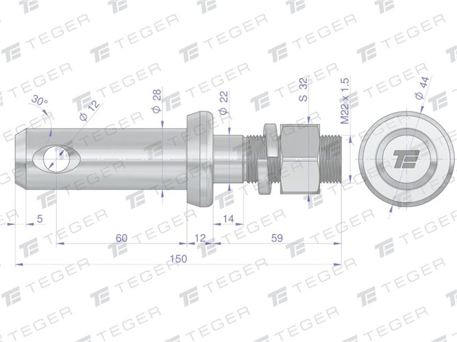 Sworzeń z gwintem T-SG28602245150 fi 28/60 mm M22x1.5/45 mm 150 mm TEGER