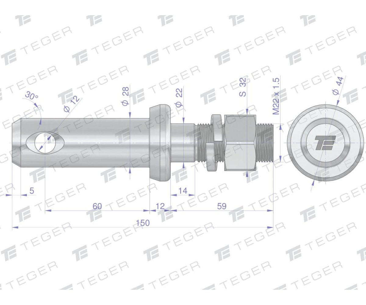 Sworzeń z gwintem T-SG28602245150 fi 28/60 mm M22x1.5/45 mm 150 mm TEGER
