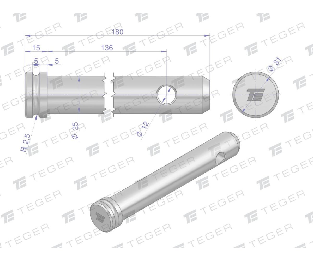 Sworzeń łącznika górnego 25x136x180 TEGER