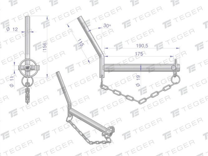 Sworzeń zaczepu z wygiętym uchwytem 19x175 TEGER