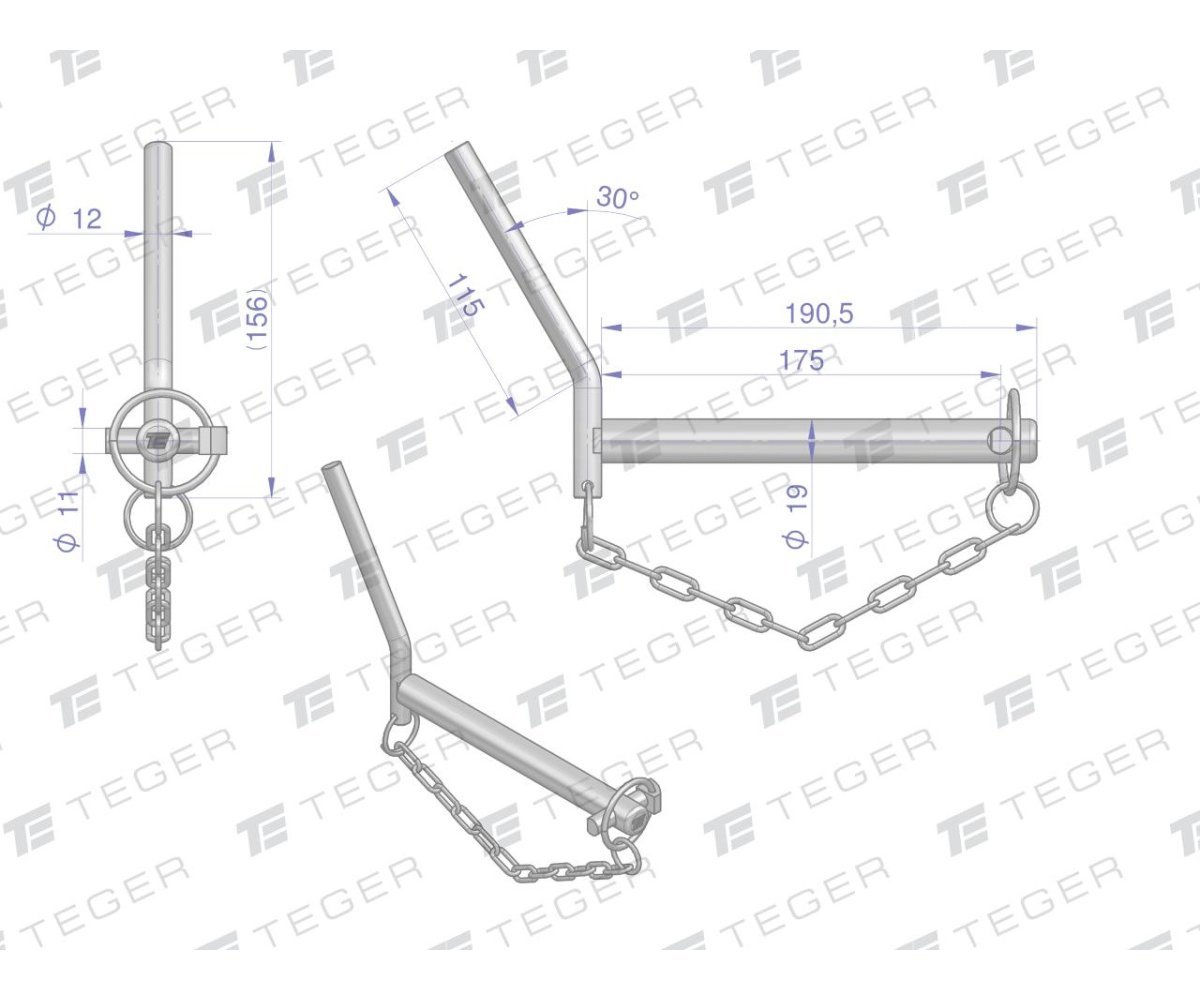 Sworzeń zaczepu z wygiętym uchwytem 19x175 TEGER