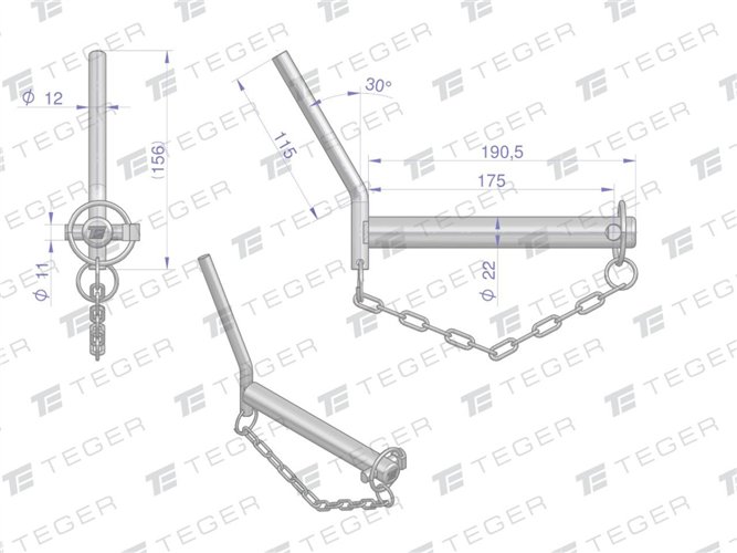 Sworzeń zaczepu z wygiętym uchwytem 22x175 TEGER