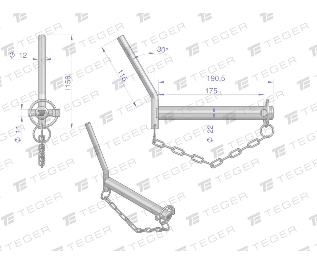 Sworzeń zaczepu z wygiętym uchwytem 22x175 TEGER