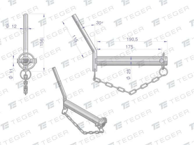 Sworzeń zaczepu z wygiętym uchwytem 25x175 TEGER