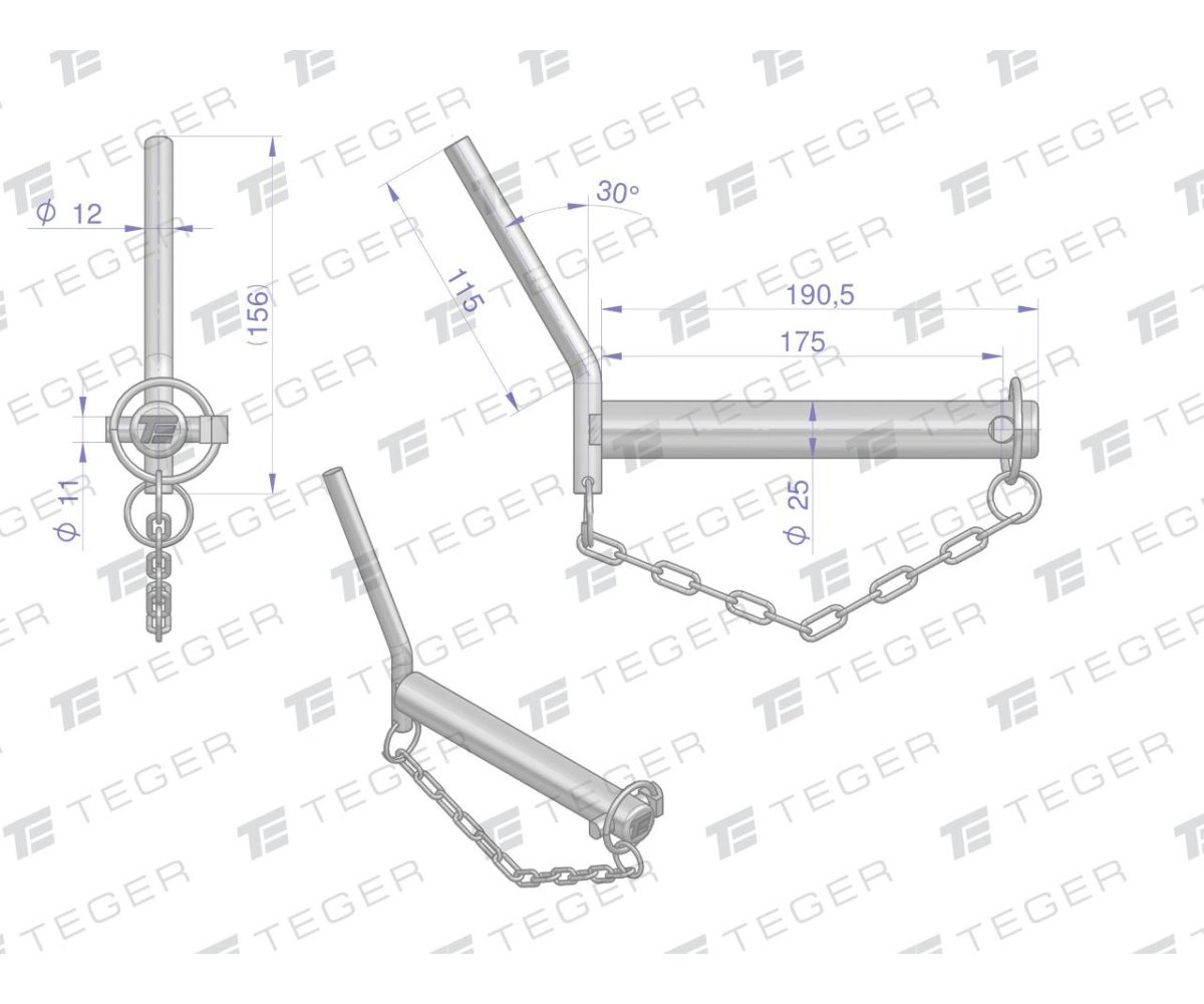 Sworzeń zaczepu z wygiętym uchwytem 25x175 TEGER