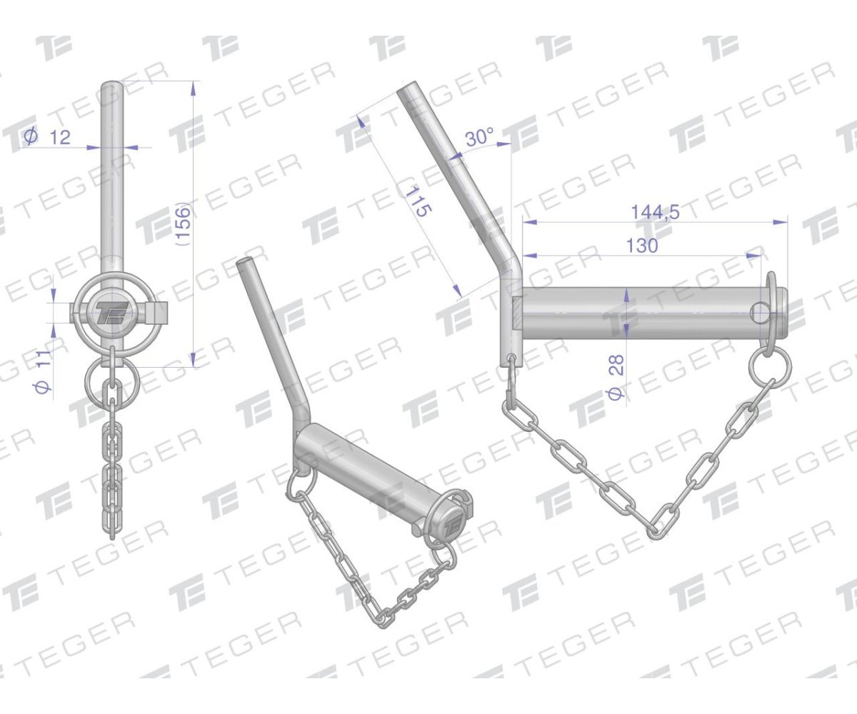 Sworzeń zaczepu z wygiętym uchwytem 28x130 TEGER