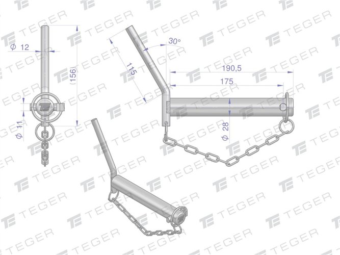 Sworzeń zaczepu z wygiętym uchwytem 28x175 TEGER