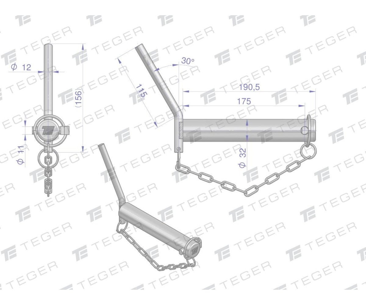 Sworzeń zaczepu z wygiętym uchwytem 32x175 TEGER