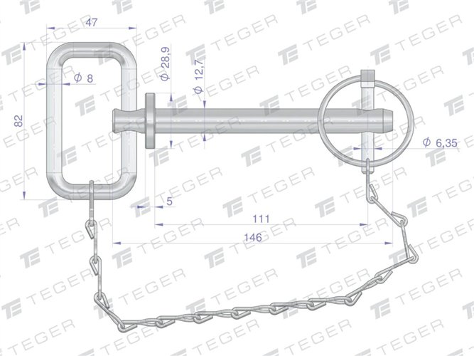 Sworzeń zaczepu z zawleczką i łańcuchem 12.7x111x146 TEGER