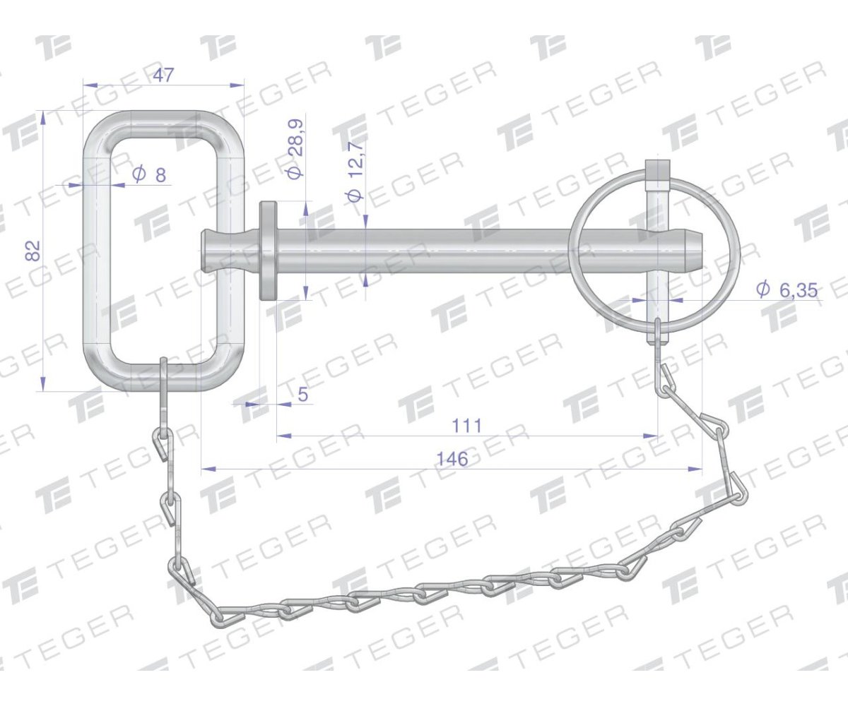 Sworzeń zaczepu z zawleczką i łańcuchem 12.7x111x146 TEGER
