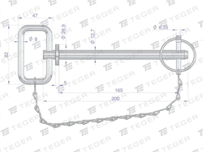 Sworzeń zaczepu z zawleczką i łańcuchem 12.7x165x200 TEGER