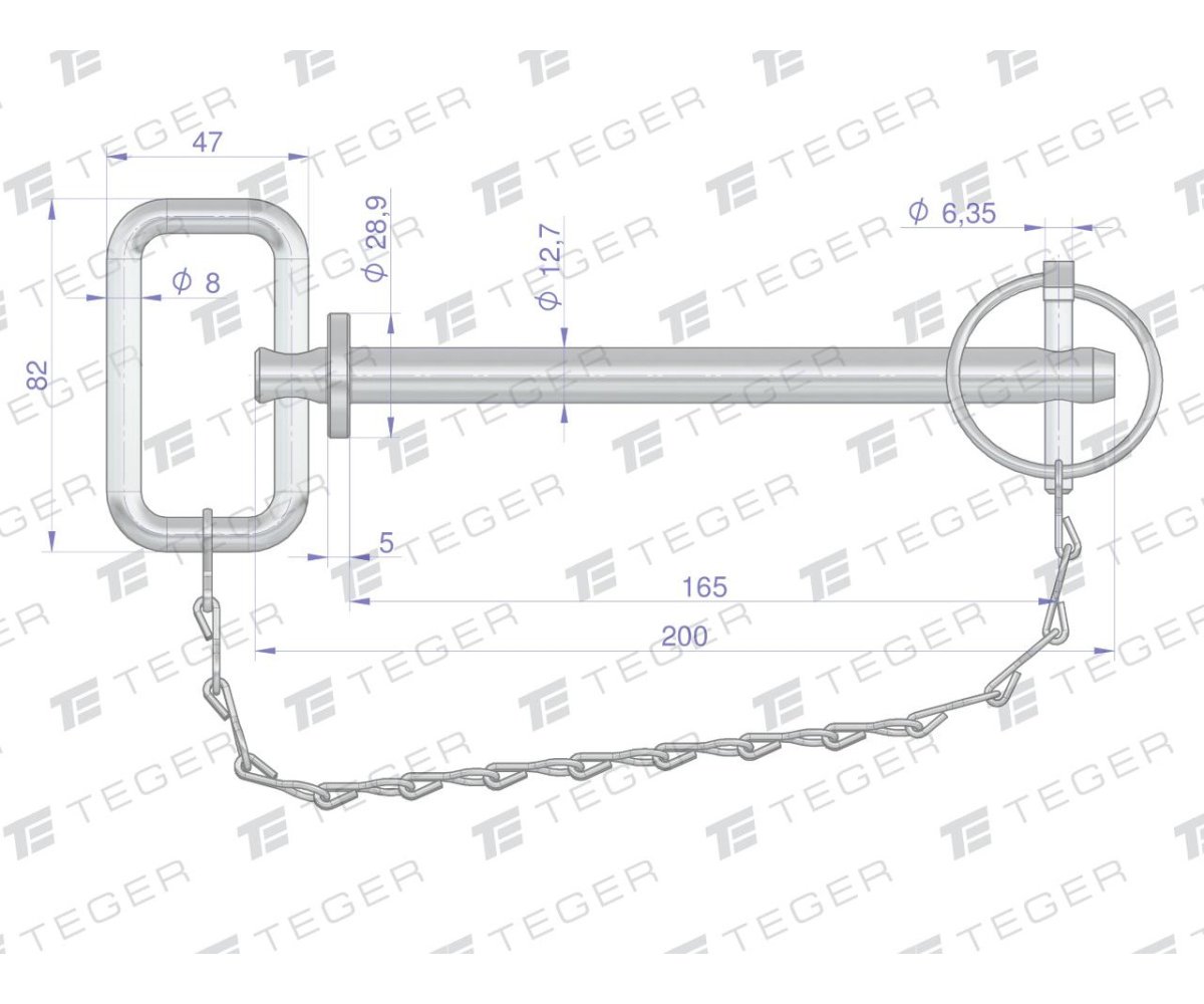 Sworzeń zaczepu z zawleczką i łańcuchem 12.7x165x200 TEGER