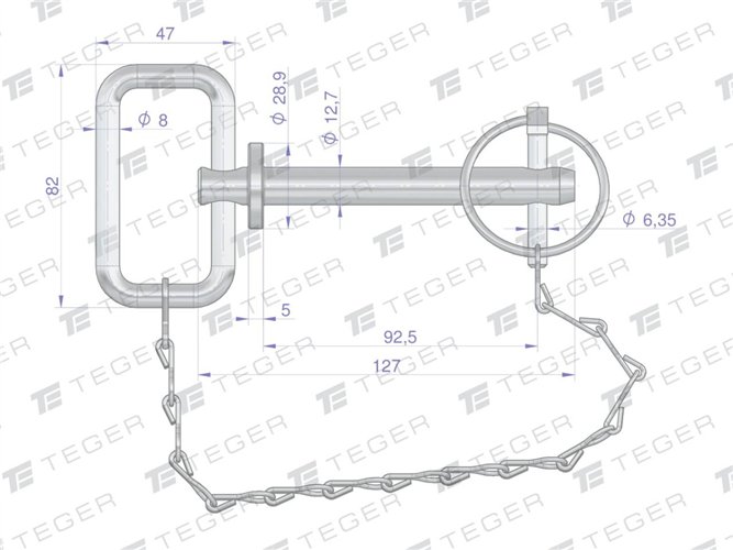 Sworzeń zaczepu z zawleczką i łańcuchem 12.7x92.5x127 TEGER
