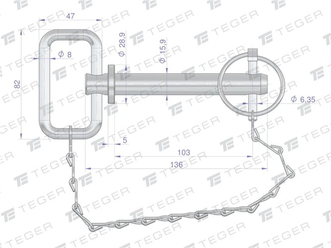 Sworzeń zaczepu z zawleczką i łańcuchem 15.9x103x136 TEGER