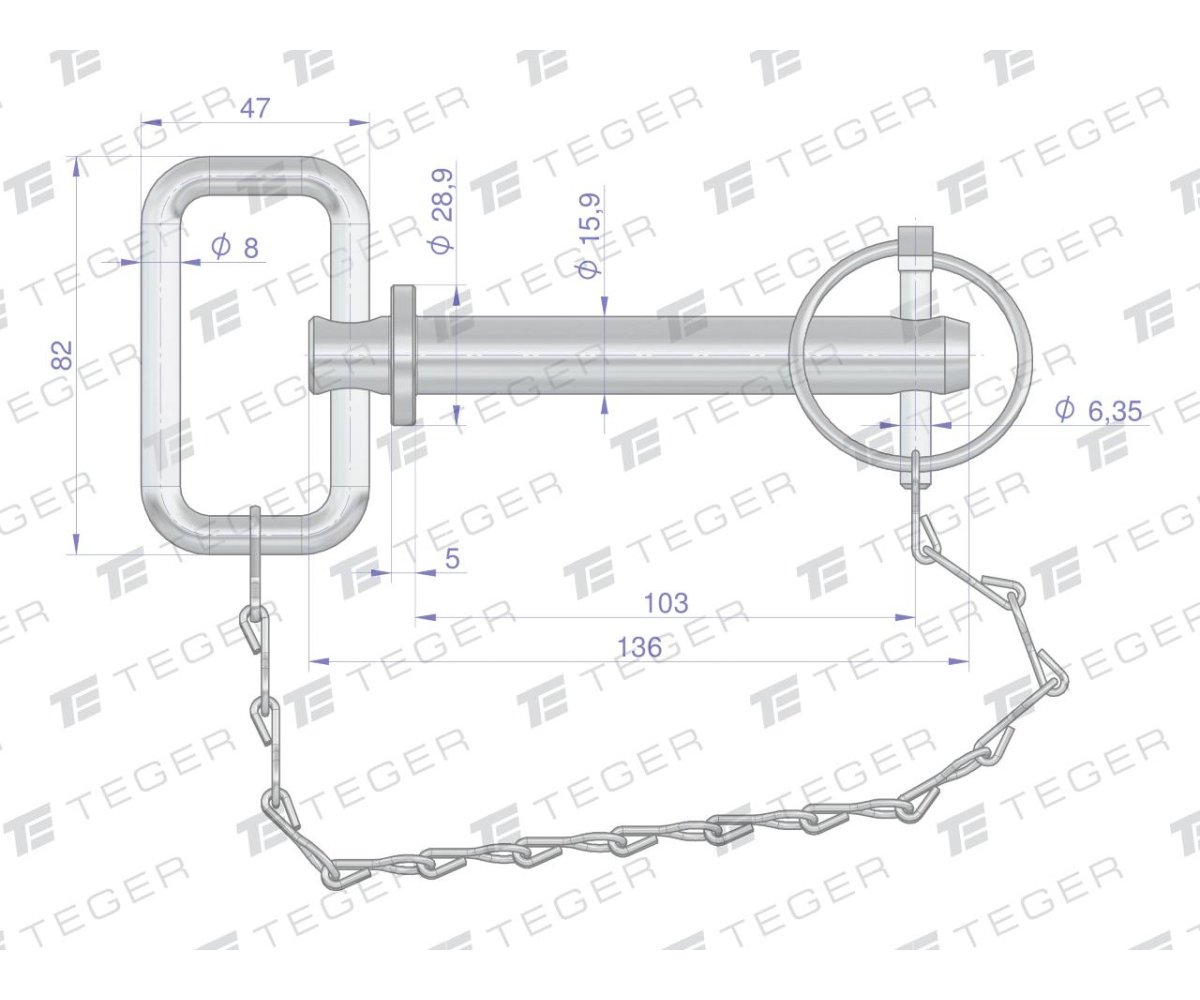 Sworzeń zaczepu z zawleczką i łańcuchem 15.9x103x136 TEGER