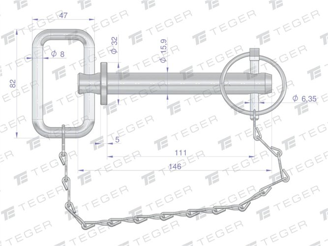 Sworzeń zaczepu z zawleczką i łańcuchem 15.9x111x146 TEGER