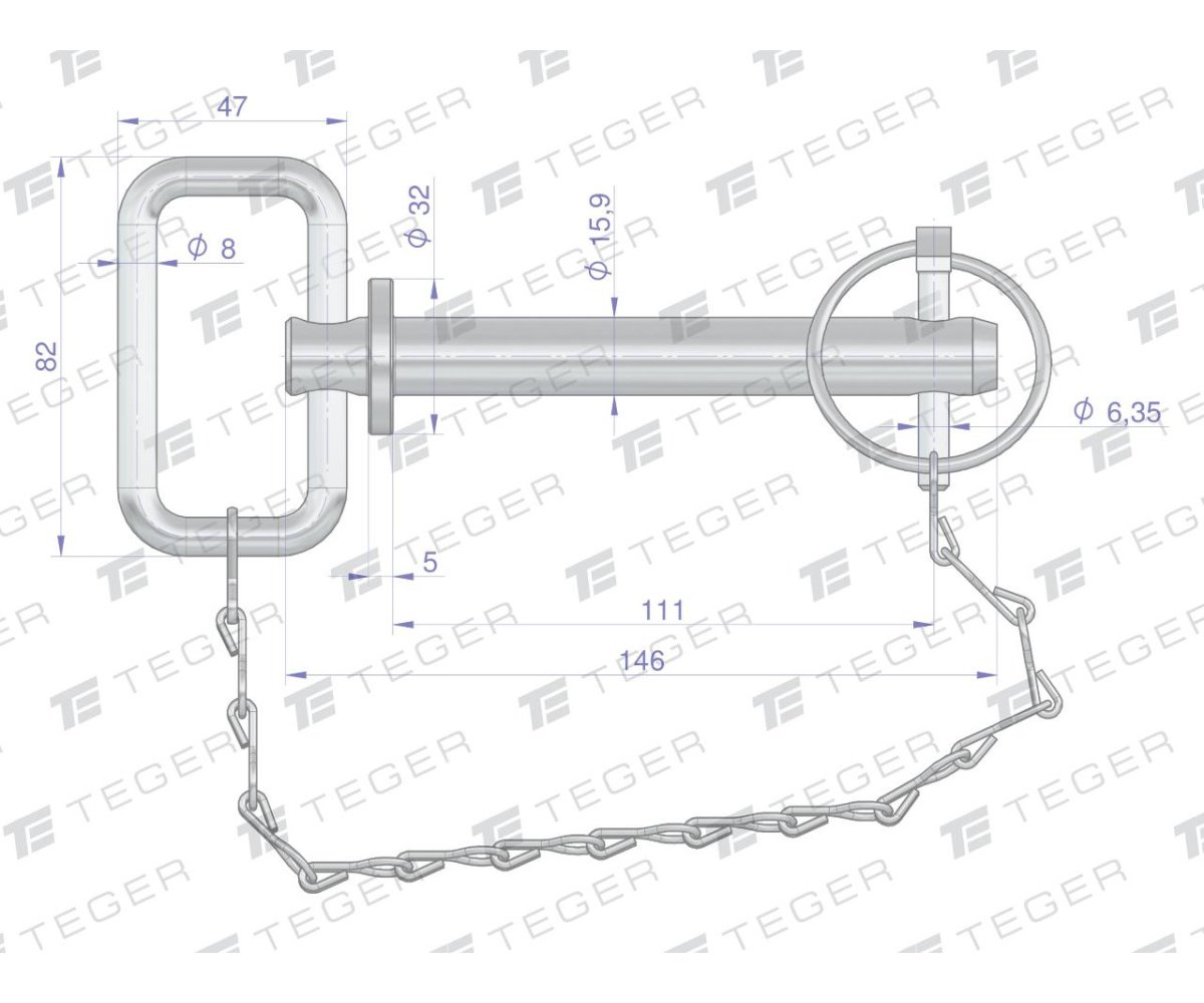 Sworzeń zaczepu z zawleczką i łańcuchem 15.9x111x146 TEGER