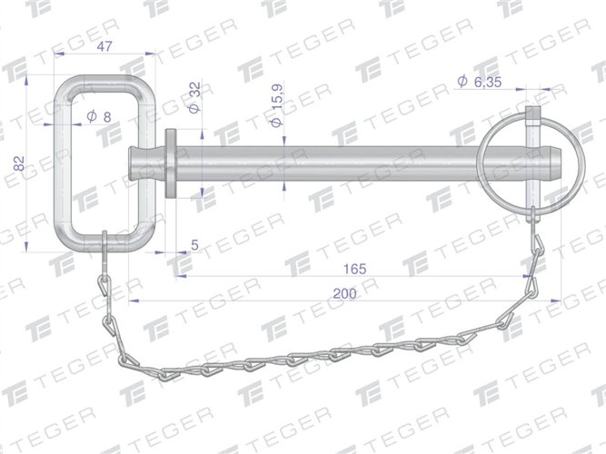 Sworzeń zaczepu z zawleczką i łańcuchem 15.9x165x200 TEGER