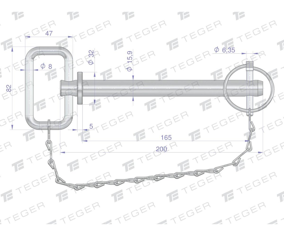 Sworzeń zaczepu z zawleczką i łańcuchem 15.9x165x200 TEGER