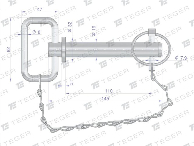 Sworzeń zaczepu z zawleczką i łańcuchem 19x110x145 TEGER