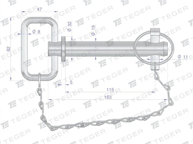 Sworzeń zaczepu z zawleczką i łańcuchem 19x115x153 TEGER