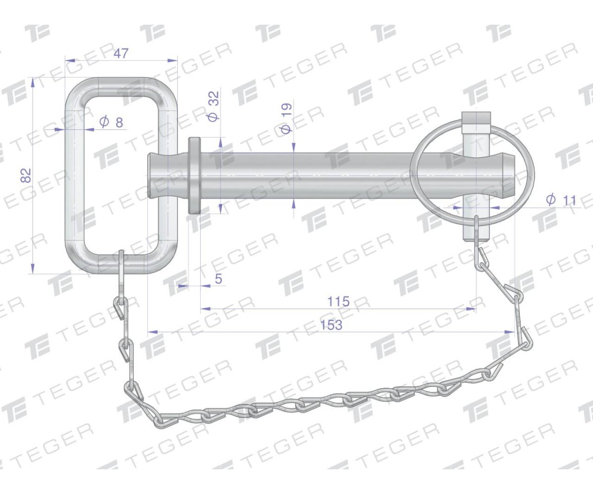 Sworzeń zaczepu z zawleczką i łańcuchem 19x115x153 TEGER
