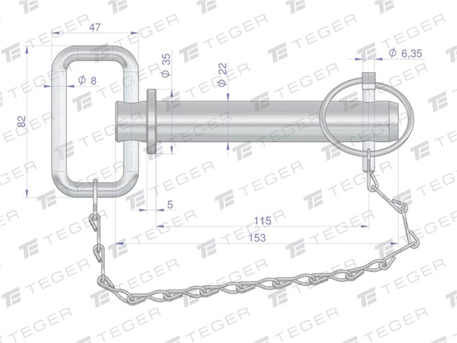Sworzeń zaczepu z zawleczką i łańcuchem 22x115x153 TEGER