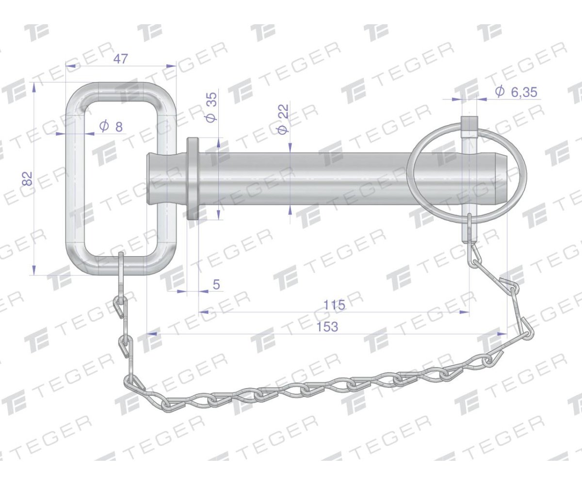 Sworzeń zaczepu z zawleczką i łańcuchem 22x115x153 TEGER