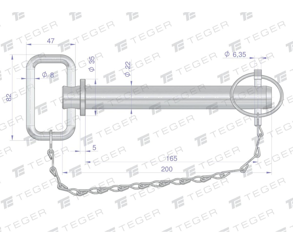 Sworzeń zaczepu z zawleczką i łańcuchem 22x165x200 TEGER
