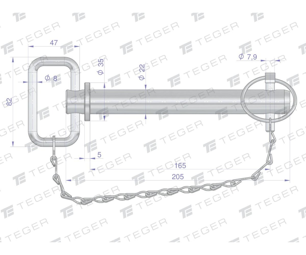 Sworzeń zaczepu z zawleczką i łańcuchem 22x165x205 TEGER