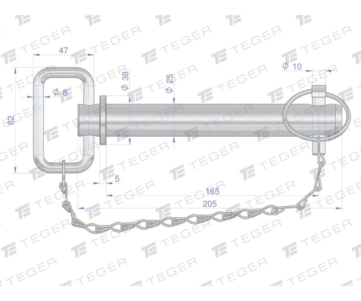 Sworzeń zaczepu z zawleczką i łańcuchem 25x165x205 TEGER