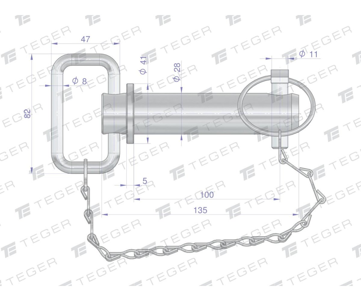 Sworzeń zaczepu z zawleczką i łańcuchem 28x100x127 TEGER