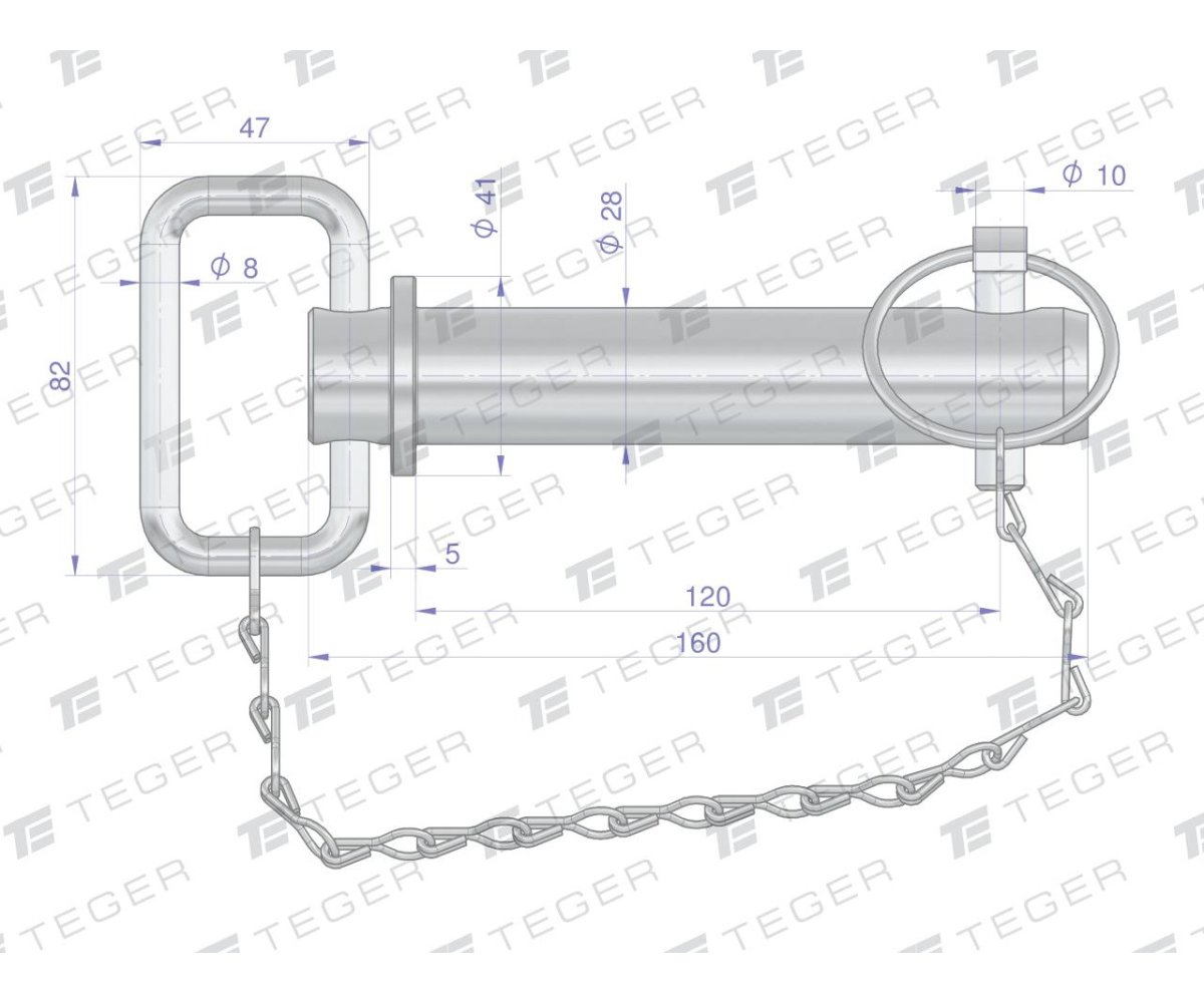 Sworzeń zaczepu z zawleczką i łańcuchem 28x120x160 TEGER