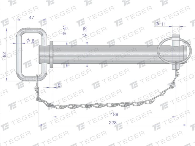Sworzeń zaczepu z zawleczką i łańcuchem 28x189x228 TEGER