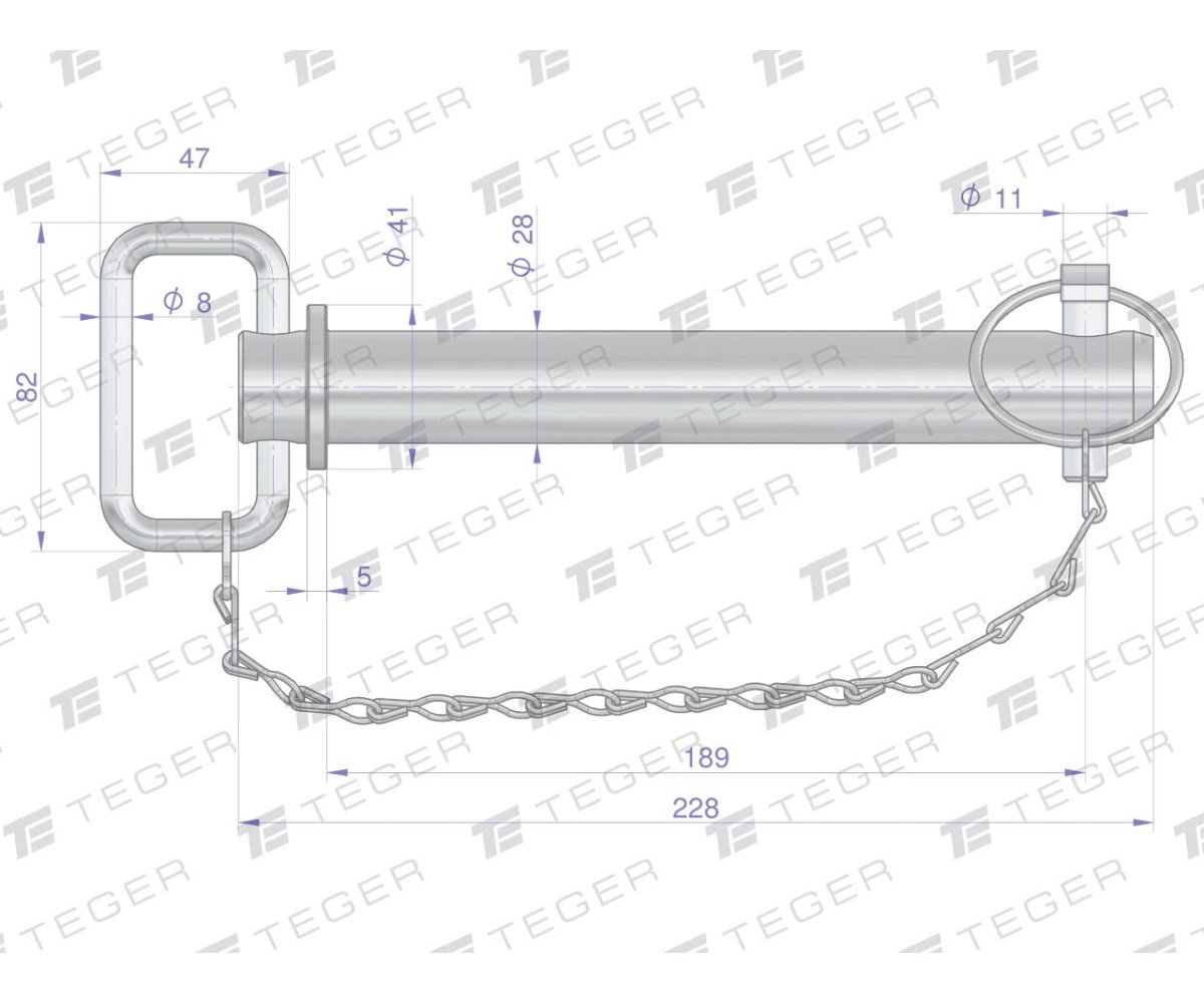 Sworzeń zaczepu z zawleczką i łańcuchem 28x189x228 TEGER