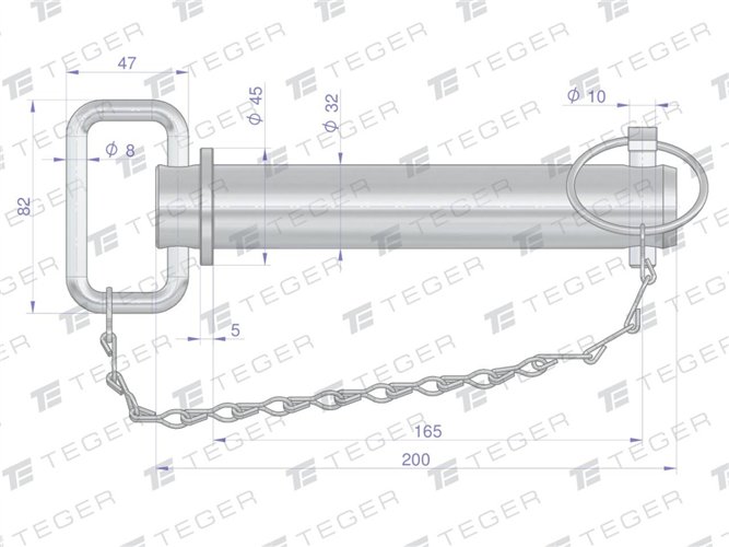 Sworzeń zaczepu z zawleczką i łańcuchem 32x165x200 TEGER
