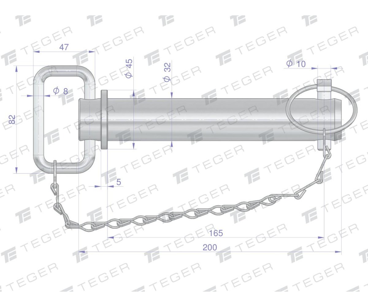 Sworzeń zaczepu z zawleczką i łańcuchem 32x165x200 TEGER