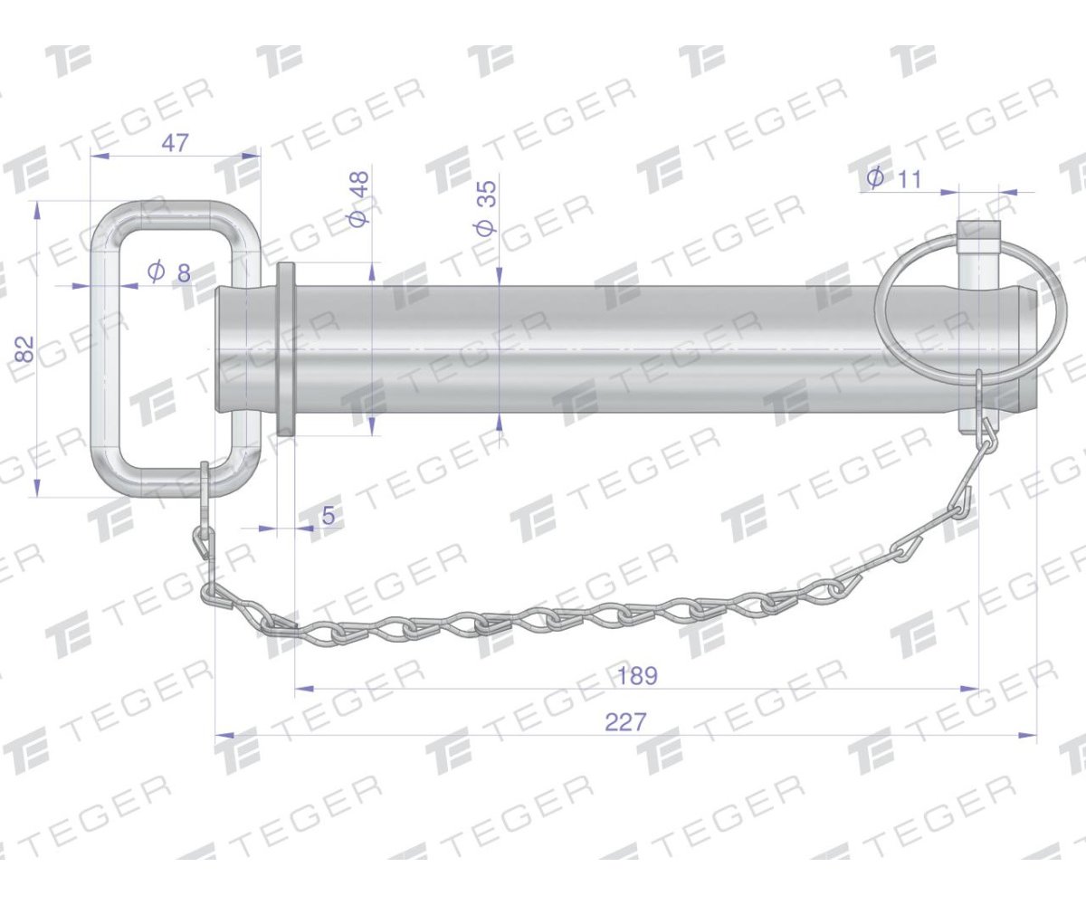 Sworzeń zaczepu z zawleczką i łańcuchem 35x189x227 TEGER