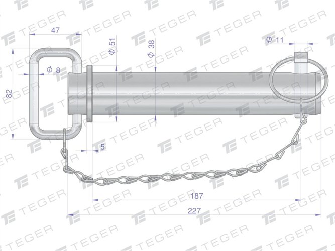 Sworzeń zaczepu z zawleczką i łańcuchem 38x187x227 TEGER