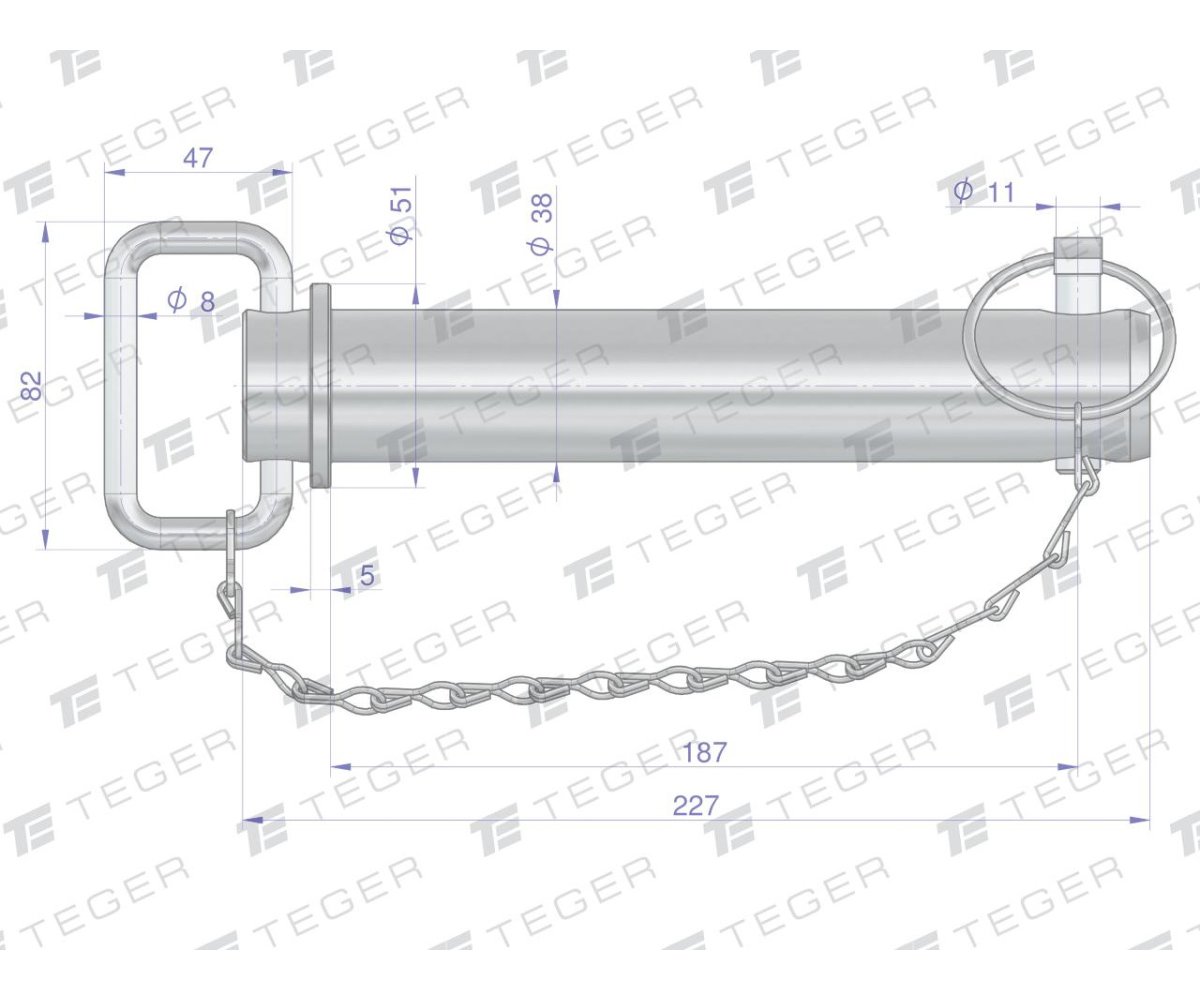 Sworzeń zaczepu z zawleczką i łańcuchem 38x187x227 TEGER