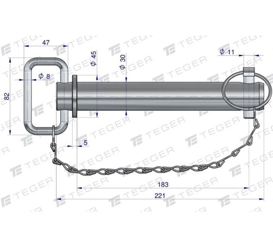 Sworzeń zaczepu z zawleczką i łańcuchem 30x183x221 TEGER