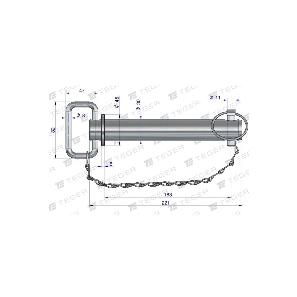 Sworzeń zaczepu z zawleczką i łańcuchem 30x183x221 TEGER