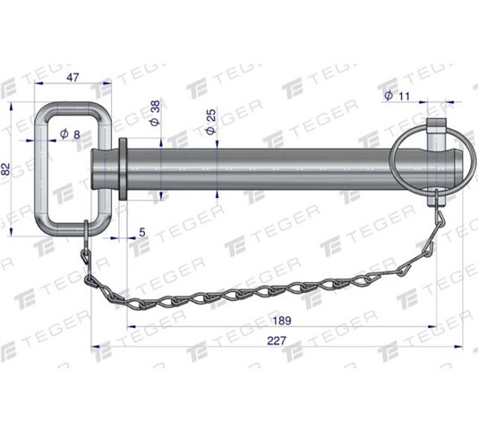 Sworzeń zaczepu z zawleczką i łańcuchem 25x189x227 TEGER
