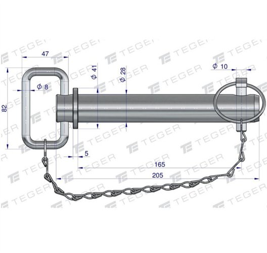 Sworzeń zaczepu z zawleczką i łańcuchem 28x165x205 TEGER